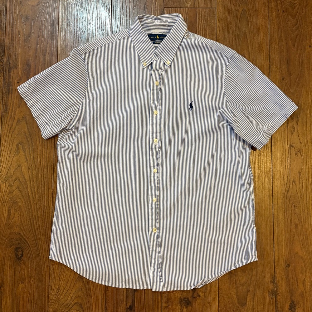Mens Polo Ralph Lauren Seersucker Short Sleeve Shirt Large Blue White Stripe